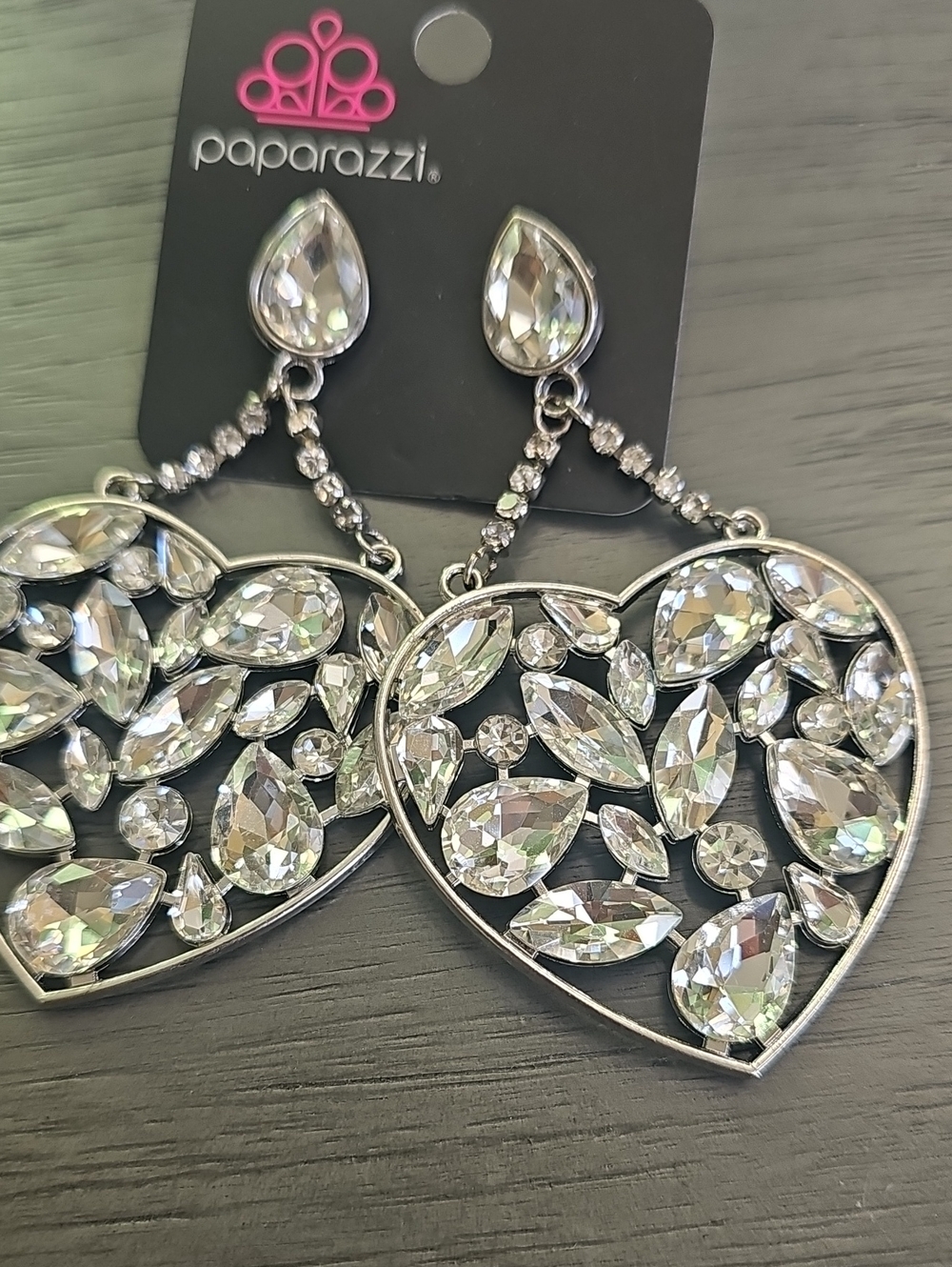 paparazzi Silver Heart Crystal Drop Earrings